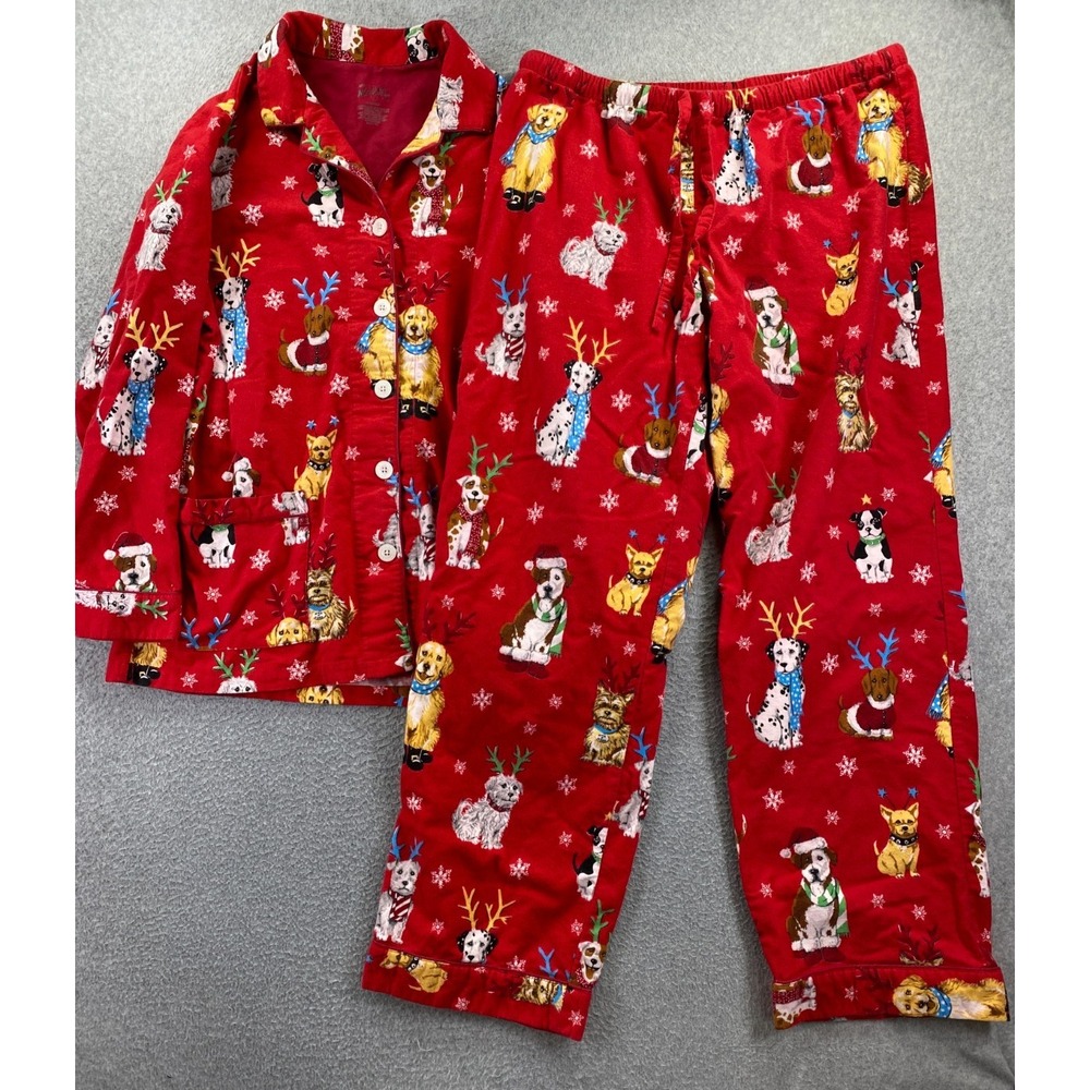 Nick & Nora Women L Red Flannel Christmas Dogs Pajama Set Holiday Festive Pups